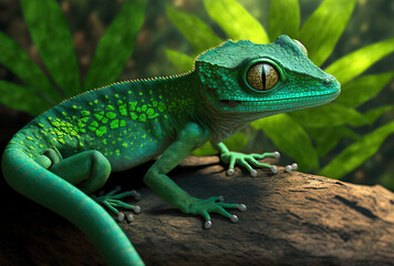 Fototapeta premium The emerald green geko is a stunning insect hunting tepid predator. Generative AI
