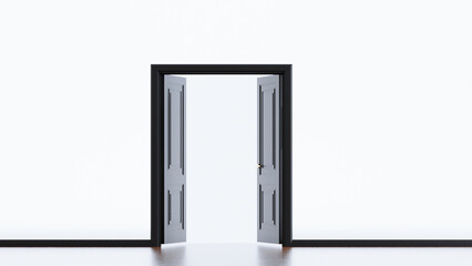 3D render of black wooden open door in white wall background