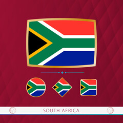 Set of South Africa flags with gold frame for use at sporting events on a burgundy abstract background.