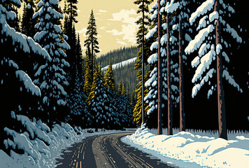 Vertical image of a road in a forest in the American national park of Yellowstone during the winter. Generative AI