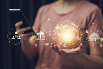 Business people use smart online transactions with internet network technology that has signals around the world, big data, information seekers around the world, check stock market prices