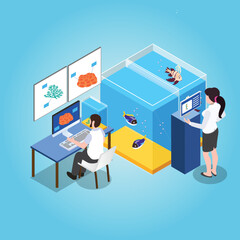 Scientists in the laboratory examine fish and marine life isometric 3d vector illustration concept for banner, website, illustration, landing page, flyer, etc.