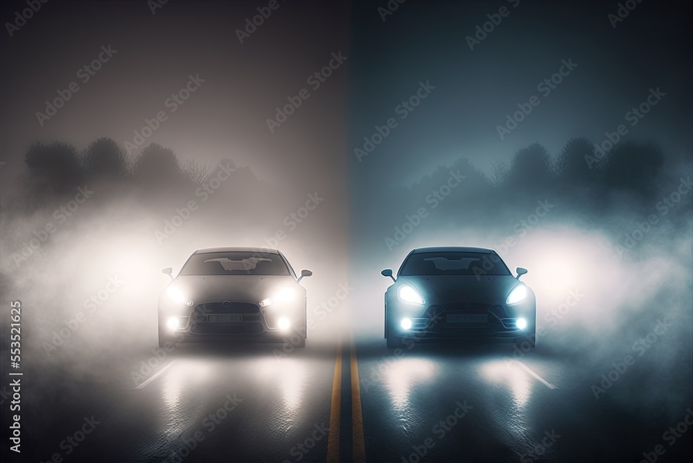 Poster illustration of a realistic automobile lights composition in fog, with two vehicles and a bokeh back