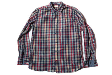 red blue check long sleeve button up mens shirt on white background