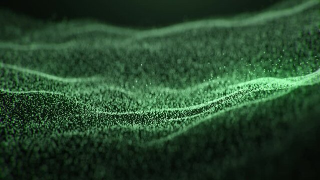 Moving flow green color particles flashing micro units grainy sands on space background, abstract animation neon crystals wave. 3D animated vibrant sound hi-tech motion design for art cinematic titles