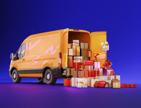 3d Render Of A Yellow Delivery Van With Christmas Presents Inside And Outside Of The Vehicle On Blue Background. Logistics And Wholesale Concept.Online Orders, Purchases, E-Commerce Goods, Merchandise