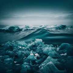 Generative AI plastic pollution floating on ocean. Climate change, sustainability, pollution concept