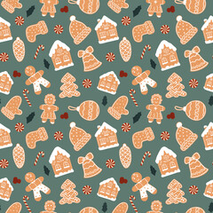 Seamless pattern of christmas gingerbread house cookies, man, bell, ball, lollipop on green background