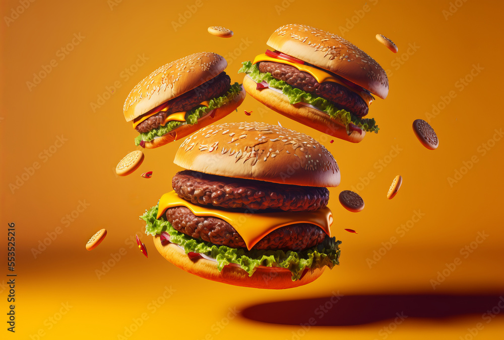 Wall mural Delicious fast food burger flying on a yellow background. Generative ai