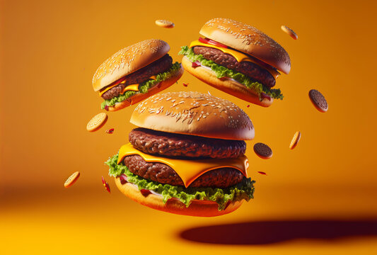 Delicious fast food burger flying on a yellow background. Generative ai