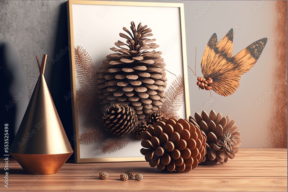 Poster a copy spot decorated with pine cones generative ai