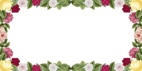 Ornamental floral border, decorative frame with different flowers and plants on isolated empty background