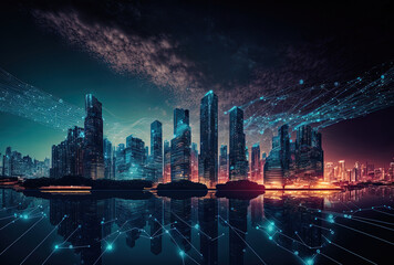Smart city digital data network connection and skyline technology business communication. Generative AI