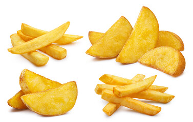 Collection of delicious potato fries and potato wedges, isolated on white background