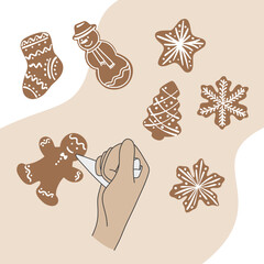 Decor gingerbread cookies. Image hands, top view.