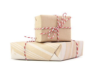Gift boxes isolated on white. Wrapped Christmas or birthday gift boxes. Presents wrapped in striped...