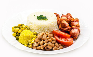typical brazilian meal, traditional brazilian lunch, rice and beans, farofa, fries, tomato and salad with fried sausage, brazilian restaurant food