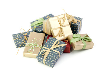 Christmas gift boxes heap isolated on white. Wrapped gift boxes for holiday presents