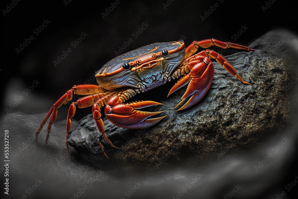 Poster red-clawed marsh crab up close on a black rock in the ocean generative ai