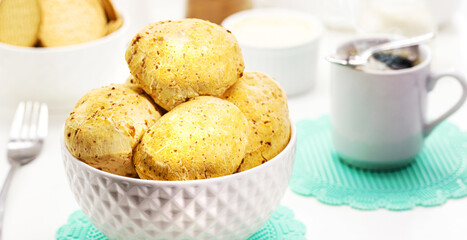 cheese bread, typical Brazilian bread from the state of Minas Gerais, made at home and served hot with coffee, brazilian diner food