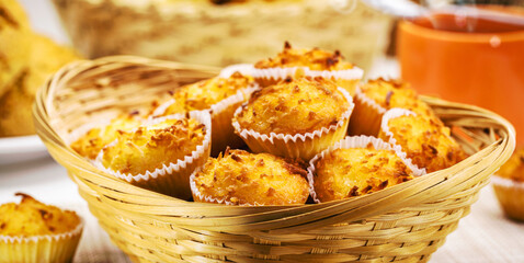 Queijadinha or queijada, homemade sweet baked from bakery and traditional confectionery from Brazil and Portugal, brazilian diner food