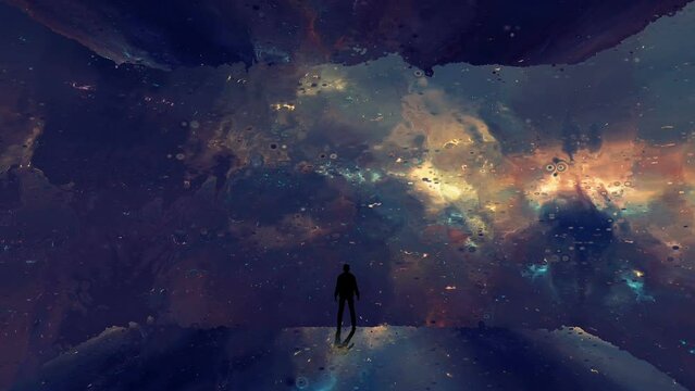 Man silhouette standing in deformation 3D room, flying through colorful nebula and stars. Fantasy, people hero concept background