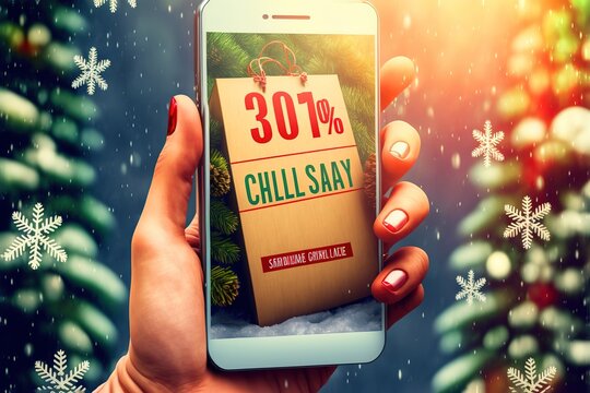Christmas Sale. Beautiful hand with a cell phone and a selling display advertising. Marketing, advertising of holidays discount, internet and smartphone. New year.