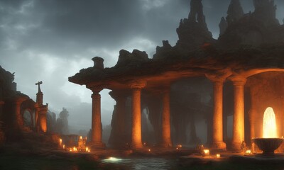Naklejka premium Magical mystical ancient fountain with gloomy and foggy atmosphere