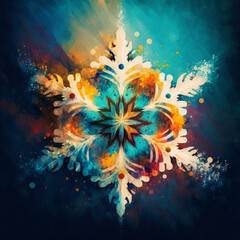 Abstract watercolour illustration with an isolated colourful snowflake. Generative AI.