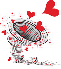 Vector illustration with hearts tornado. Love emotions. Inscription I am crazy about you. Love message. Happy Valentine's Day. Romantic background.