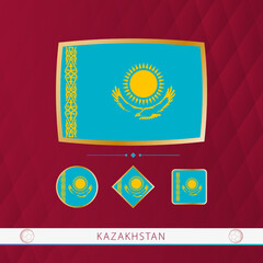 Set of Kazakhstan flags with gold frame for use at sporting events on a burgundy abstract background.