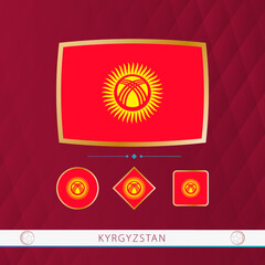 Set of Kyrgyzstan flags with gold frame for use at sporting events on a burgundy abstract background.