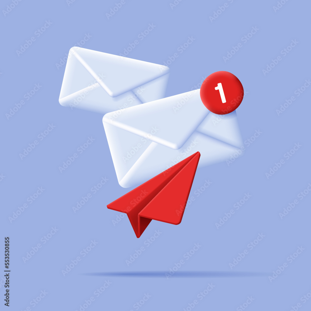 Poster 3d mail envelope and paper plane and notification message red circle. 3d render composition