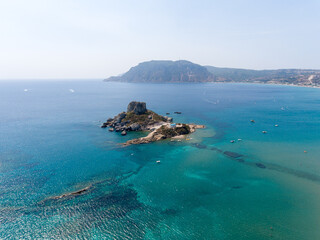 Aerial view of Kamari Beach at Kos Island, Greece. Sight of blue and white monastery at the island