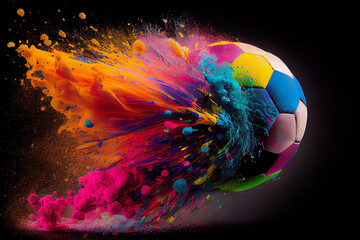 illustration of a soccer ball which explodes in rainbow colors against dark background, symbol for LGBTQ in Sport