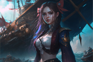 Obraz na płótnie Canvas a pirate girl standing in front of a fantasy ship, generative ai technology