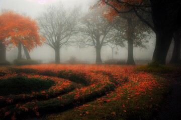 Victoria garden in foggy autumn Generative AI