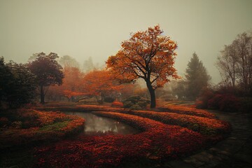 Victoria garden in foggy autumn Generative AI