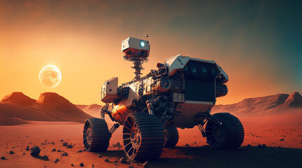 Mars rover on a surface of red planet. Space exploration concept. Generative AI - obrazy, fototapety, plakaty