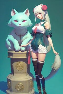 a neka fantasy anime girl next to a guardian cat, generative ai technology