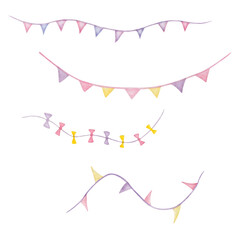 Watercolor illustration. Hand painted flags on the rope, bows on the string in purple, blue, pink, yellow colors. Garlands, festoons. Isolated clip art for prints, patterns, birthday cards