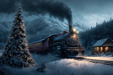 Christmas train rides among trees. Winter landscape with locomotive. Christmas night. Generative AI