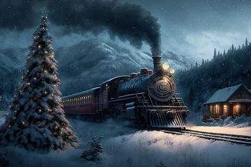 Rolgordijnen Christmas train rides among trees. Winter landscape with locomotive. Christmas night. Generative AI © Maxim Stepanov