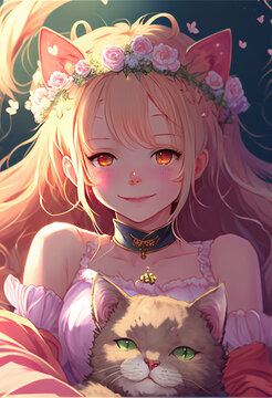 a cute lovely neka girl with a smiling cat in her arms, anime manga style, generative ai technology