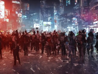Obraz premium protest people in cyberpunk city
