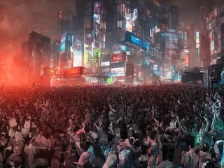 protest people in cyberpunk city