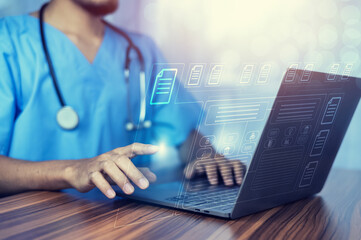 Doctor using software computer Document Management System (DMS), online documentation database...