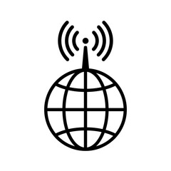 Line icon of globe and antenna with signals. Symbol of Internet connection or other communication transmission across the planet and beyond. Vector Illustration