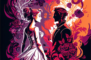 modern cool wedding illustration in red colors, marriage modern art, generative ai technology