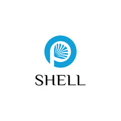 shell sea food logo design, initial letter p with clam vector idea